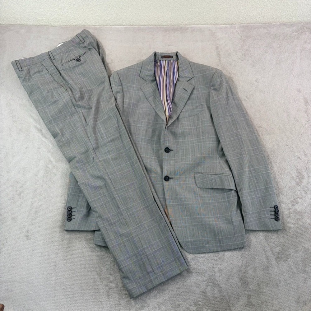 ETRO Milano 2 Piece Suit Set‎ Grey Glen Check Grey Men 40 Wool Made Italy $4500